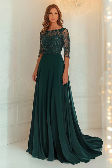 Dentelle Mousseline Vert Foncé Mère De La Robe À Manches 3/4